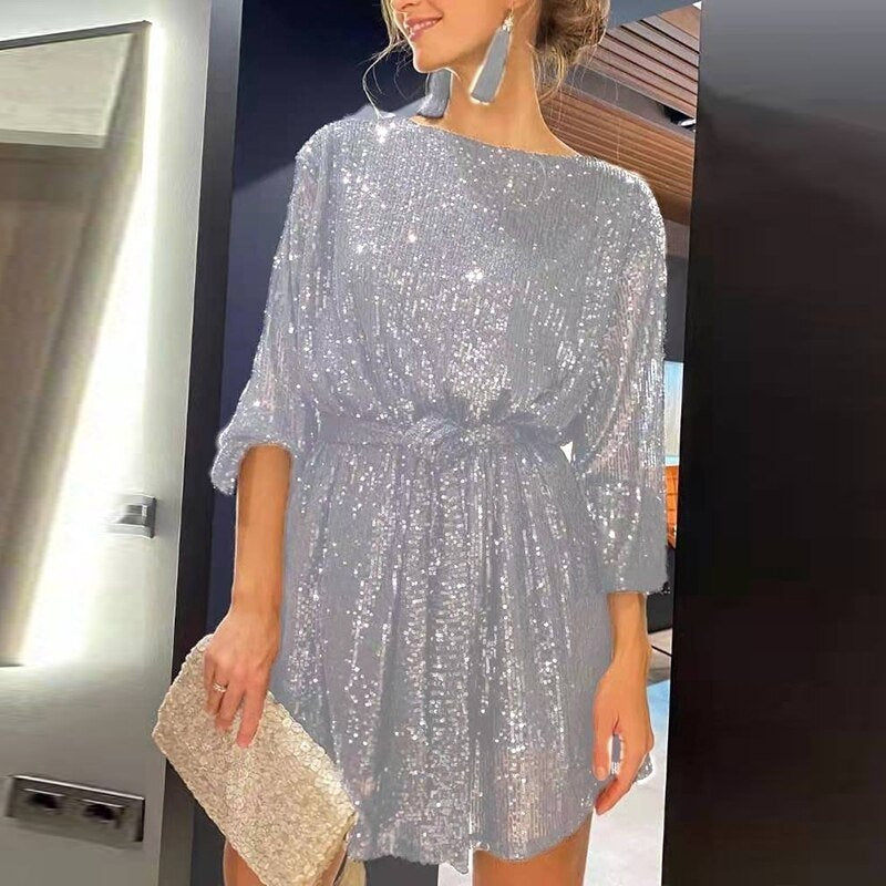Élodie | Robe à Paillettes de Fête Femme Manches Drapées Ourlet Asymétrique