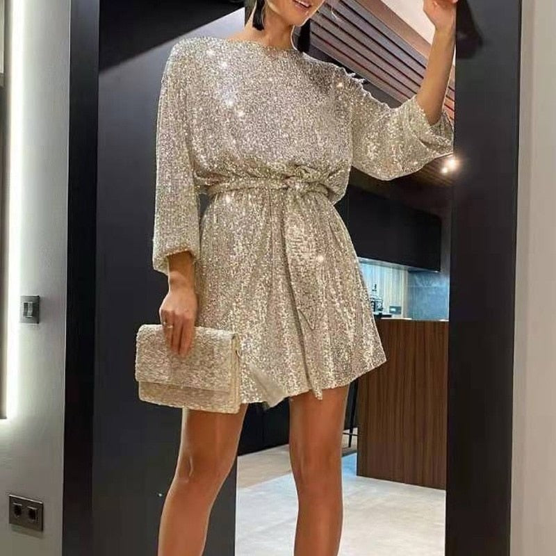 Élodie | Robe à Paillettes de Fête Femme Manches Drapées Ourlet Asymétrique