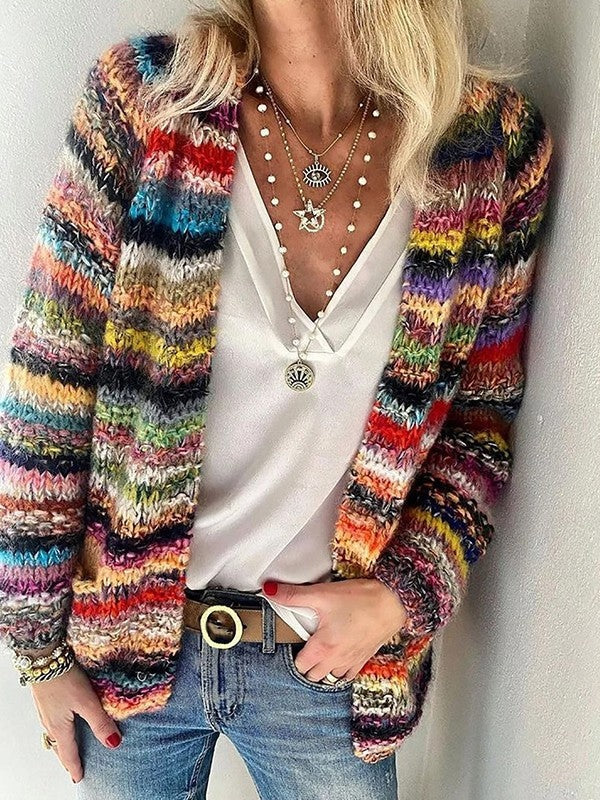 Éloïse | Cardigan Grosse Maille Rayé Femme Manches Longues