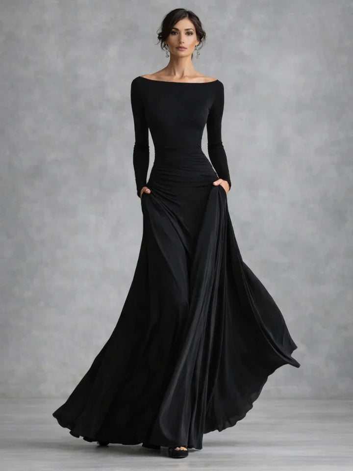 Éloïse | Robe Fourreau de Soirée Femme Longue Manches Longues Encolure Bateau