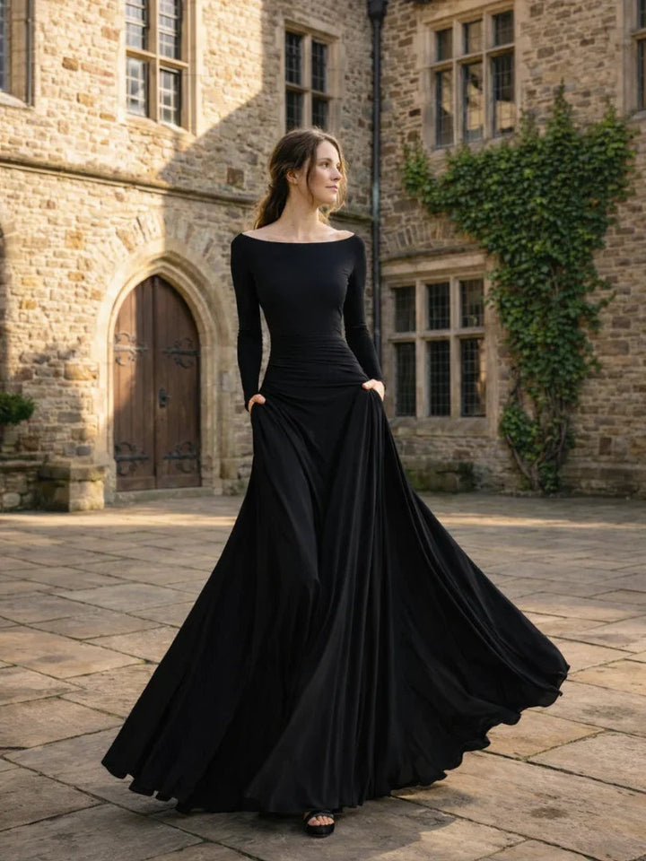 Éloïse | Robe Fourreau de Soirée Femme Longue Manches Longues Encolure Bateau