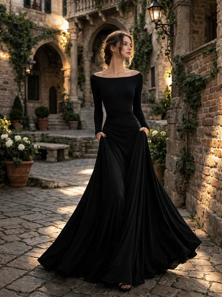 Éloïse | Robe Fourreau de Soirée Femme Longue Manches Longues Encolure Bateau