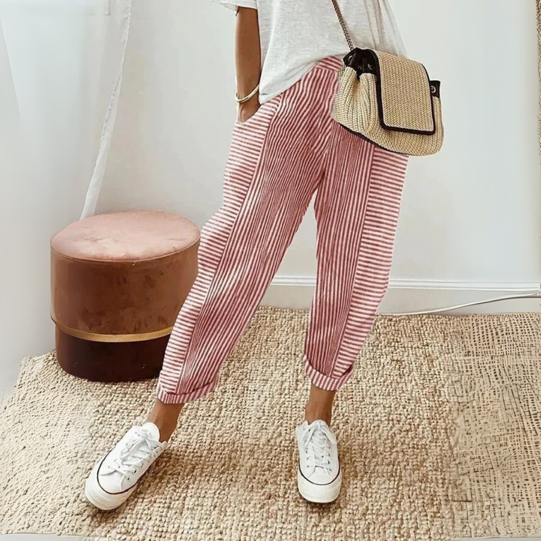 Estelle | Pantalon Femme Rayé Taille Élastique Coupe Droite