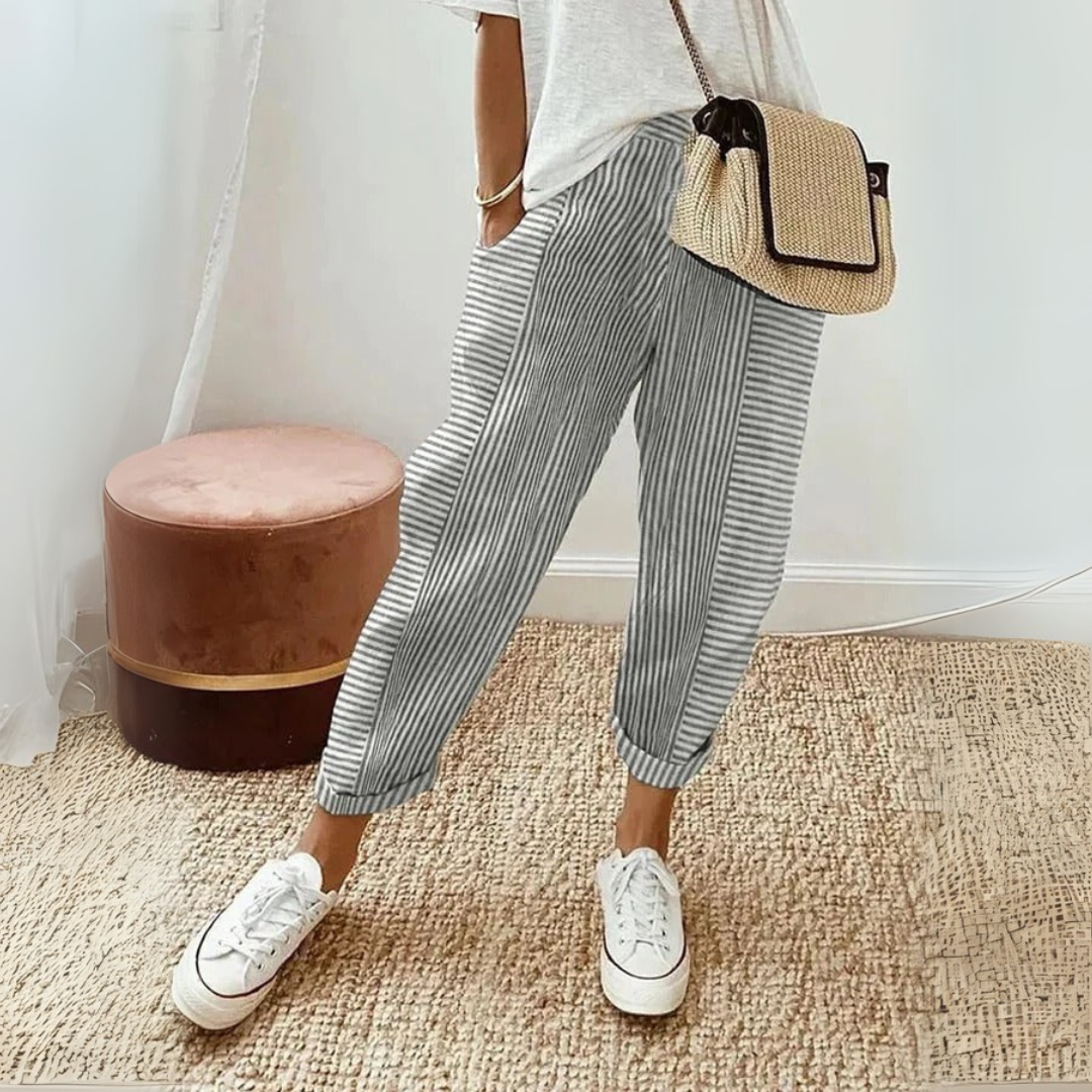 Estelle | Pantalon Femme Rayé Taille Élastique Coupe Droite