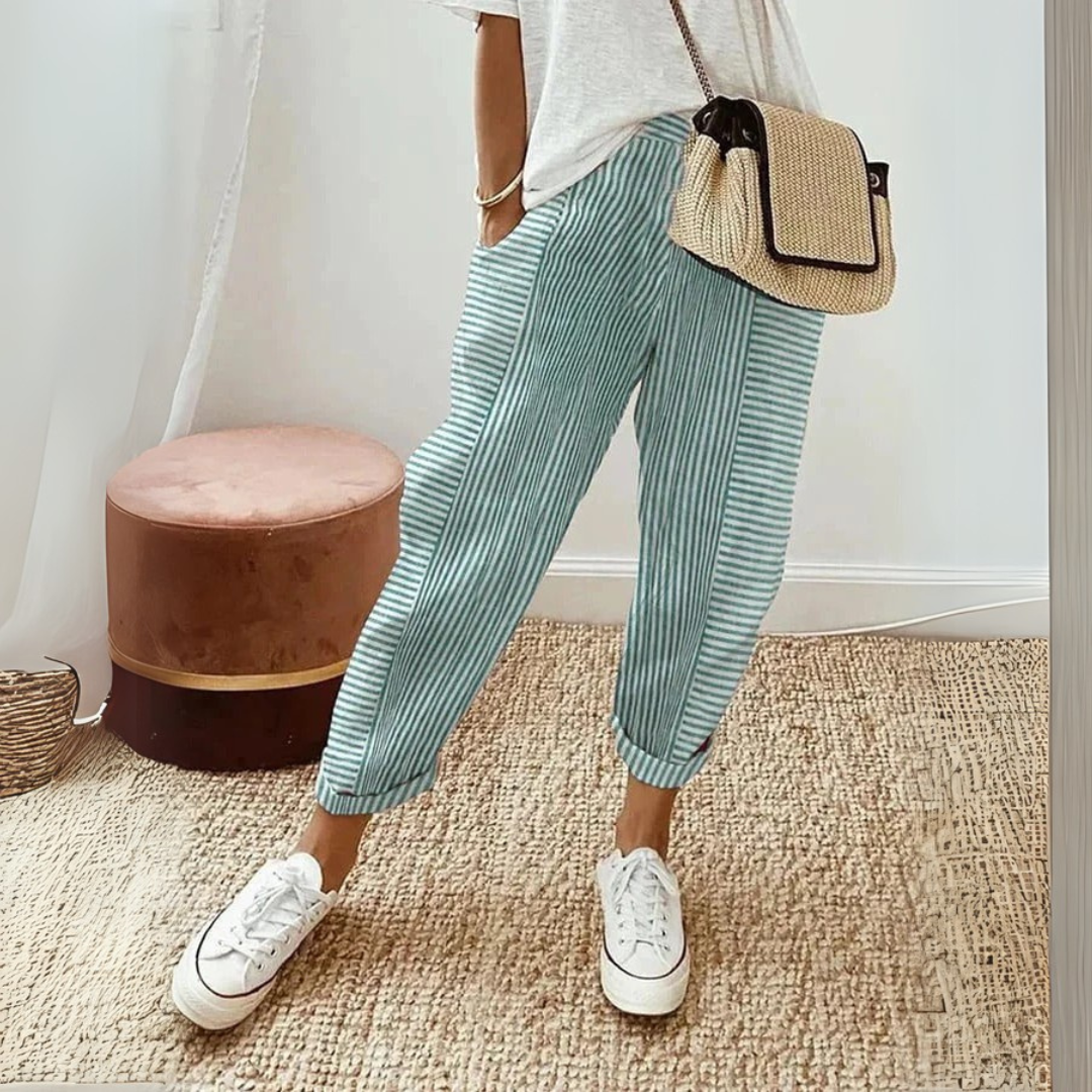 Estelle | Pantalon Femme Rayé Taille Élastique Coupe Droite