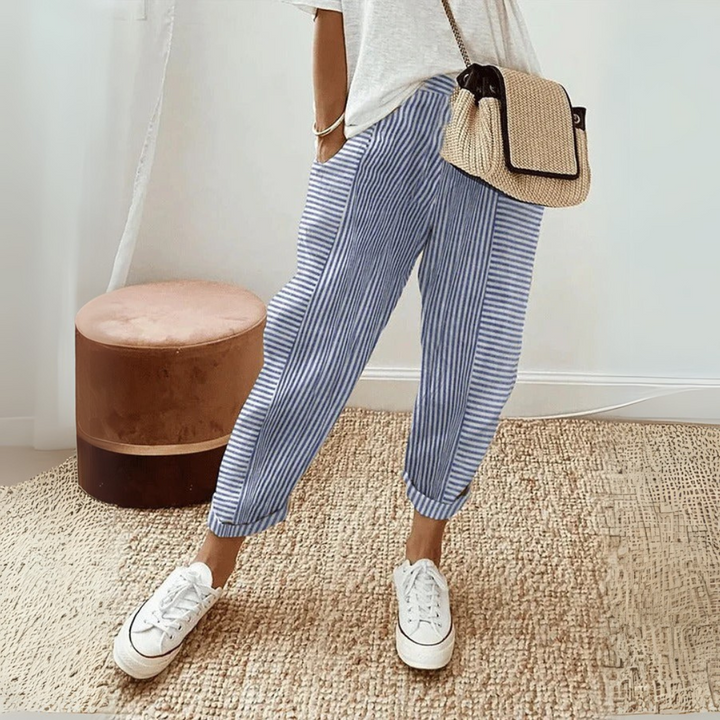 Estelle | Pantalon Femme Rayé Taille Élastique Coupe Droite