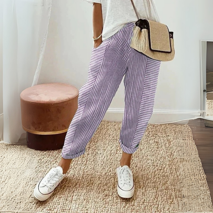 Estelle | Pantalon Femme Rayé Taille Élastique Coupe Droite
