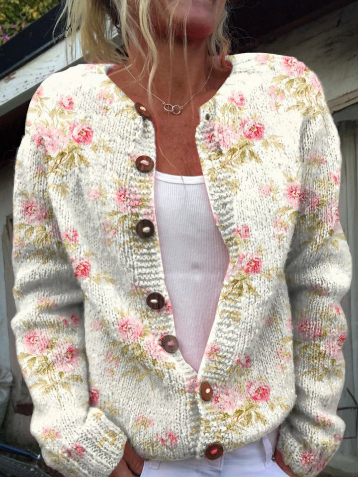 Florence | Gilet Grosse Maille Femme Imprimé Floral Boutons