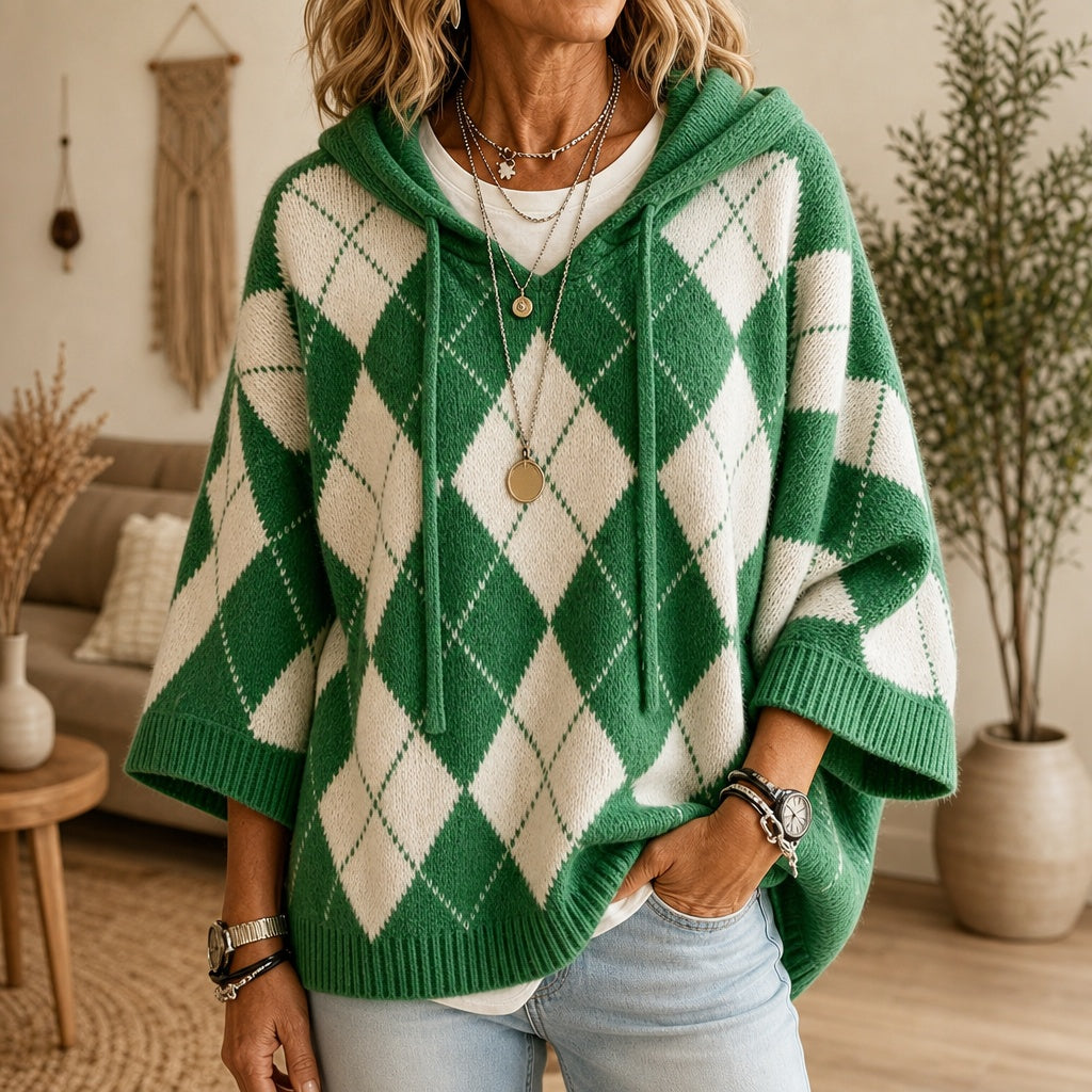 Florence | Poncho en Maille Femme à Capuche Motif Argyle