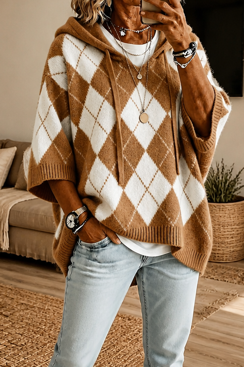 Florence | Poncho en Maille Femme à Capuche Motif Argyle