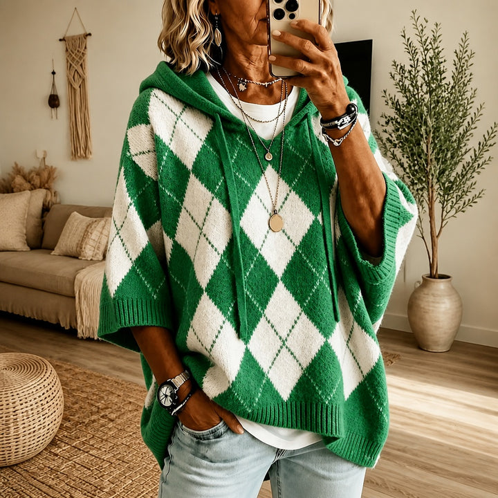 Florence | Poncho en Maille Femme à Capuche Motif Argyle