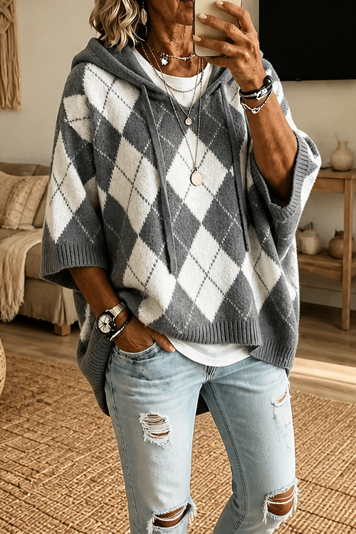 Florence | Poncho en Maille Femme à Capuche Motif Argyle