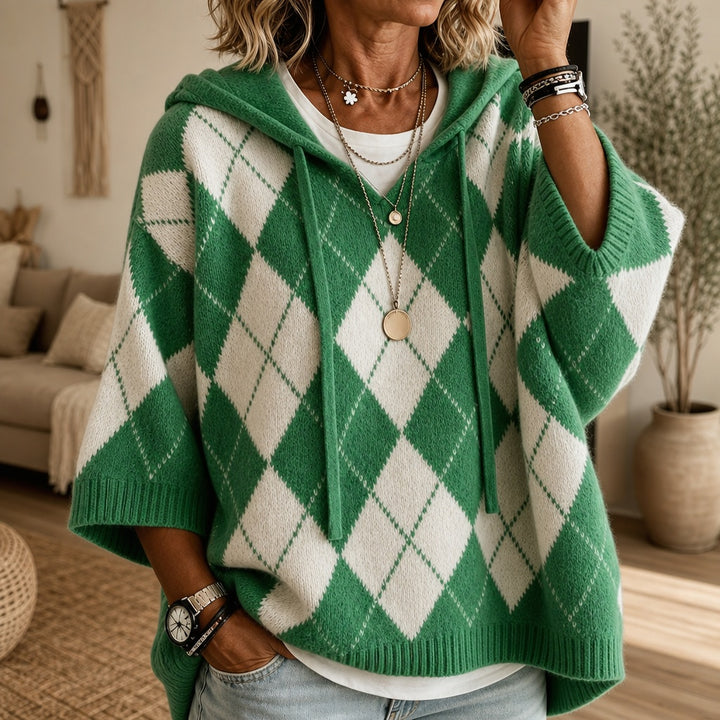 Florence | Poncho en Maille Femme à Capuche Motif Argyle