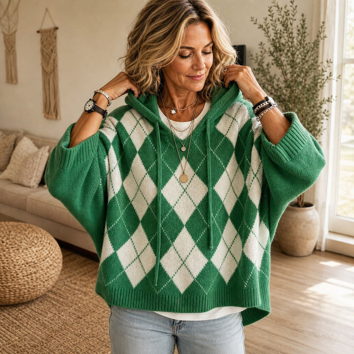 Florence | Poncho en Maille Femme à Capuche Motif Argyle
