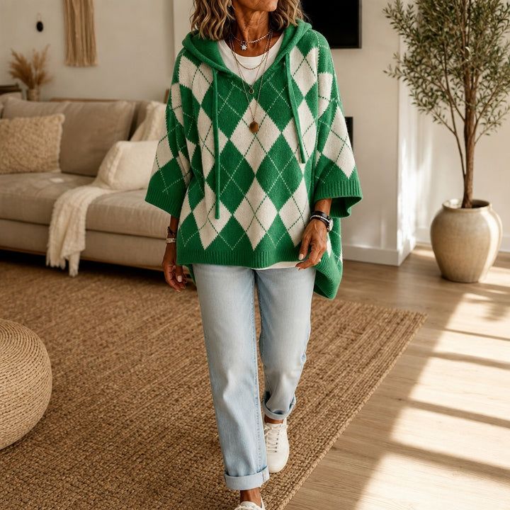 Florence | Poncho en Maille Femme à Capuche Motif Argyle