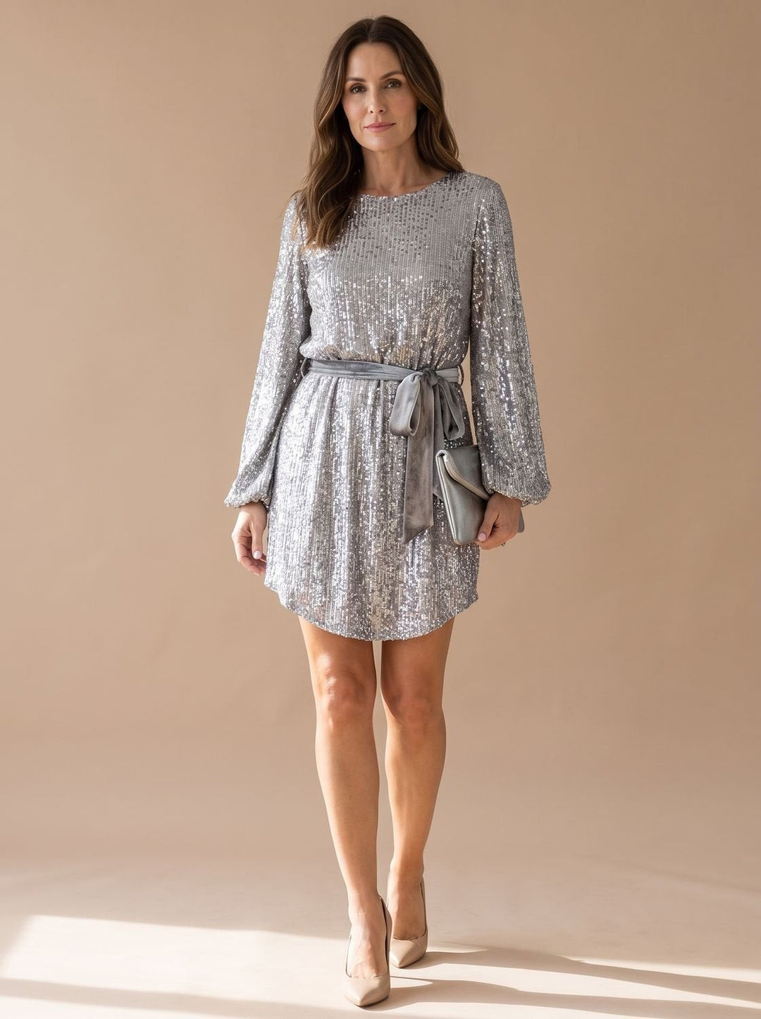 Floriane | Robe Sequin Femme Mini Manches Bouffantes Ceinturée