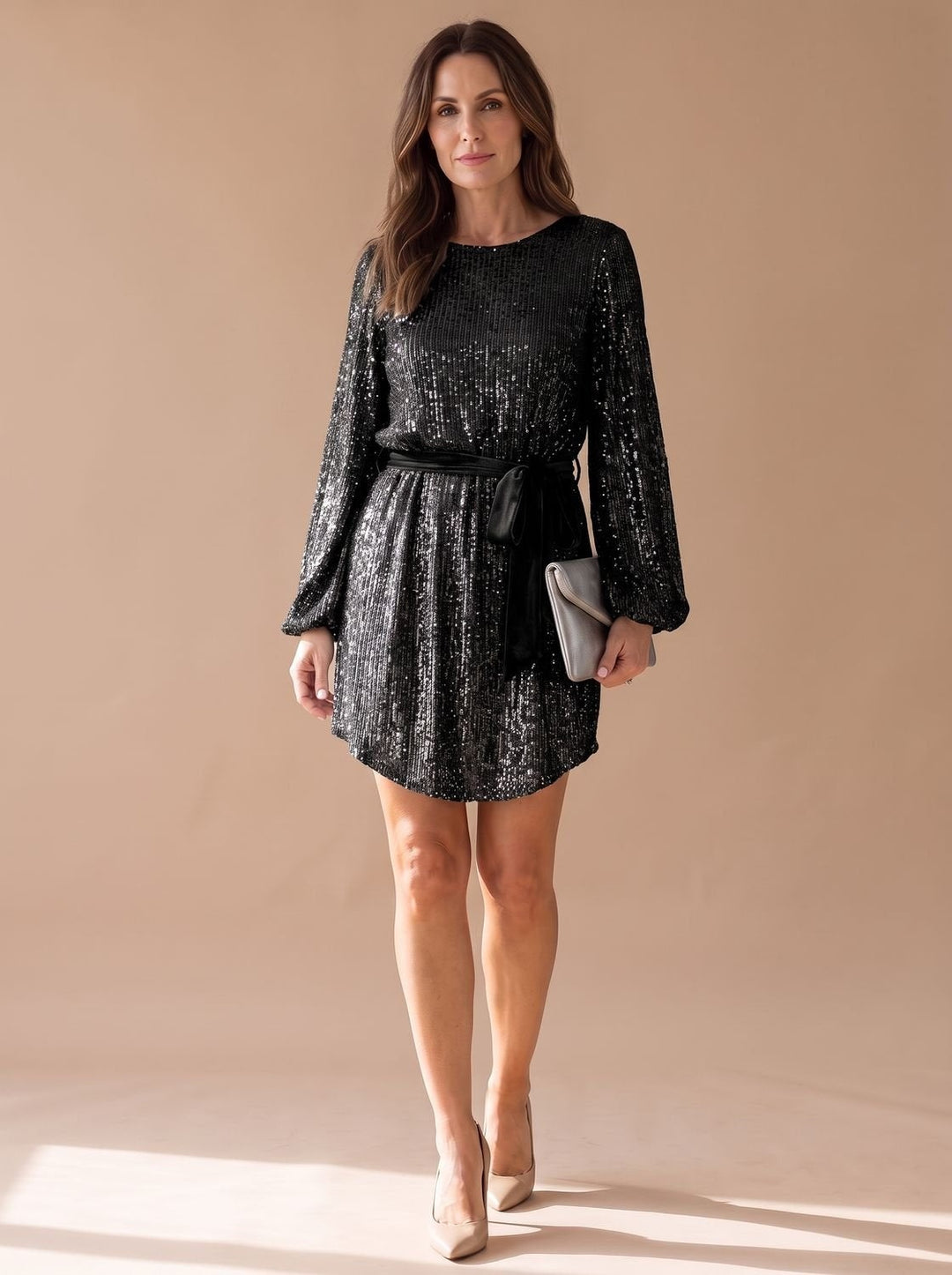 Floriane | Robe Sequin Femme Mini Manches Bouffantes Ceinturée