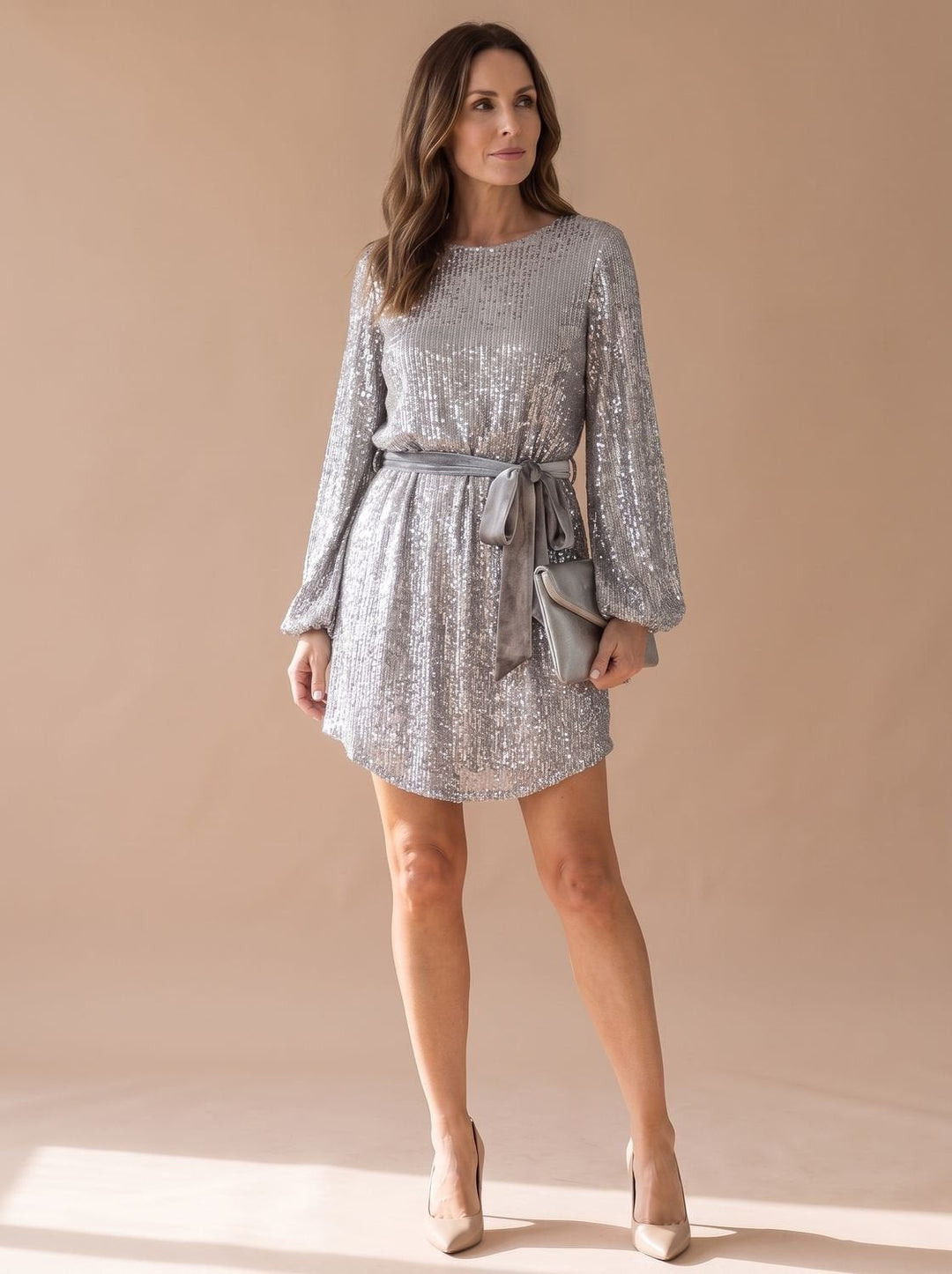Floriane | Robe Sequin Femme Mini Manches Bouffantes Ceinturée