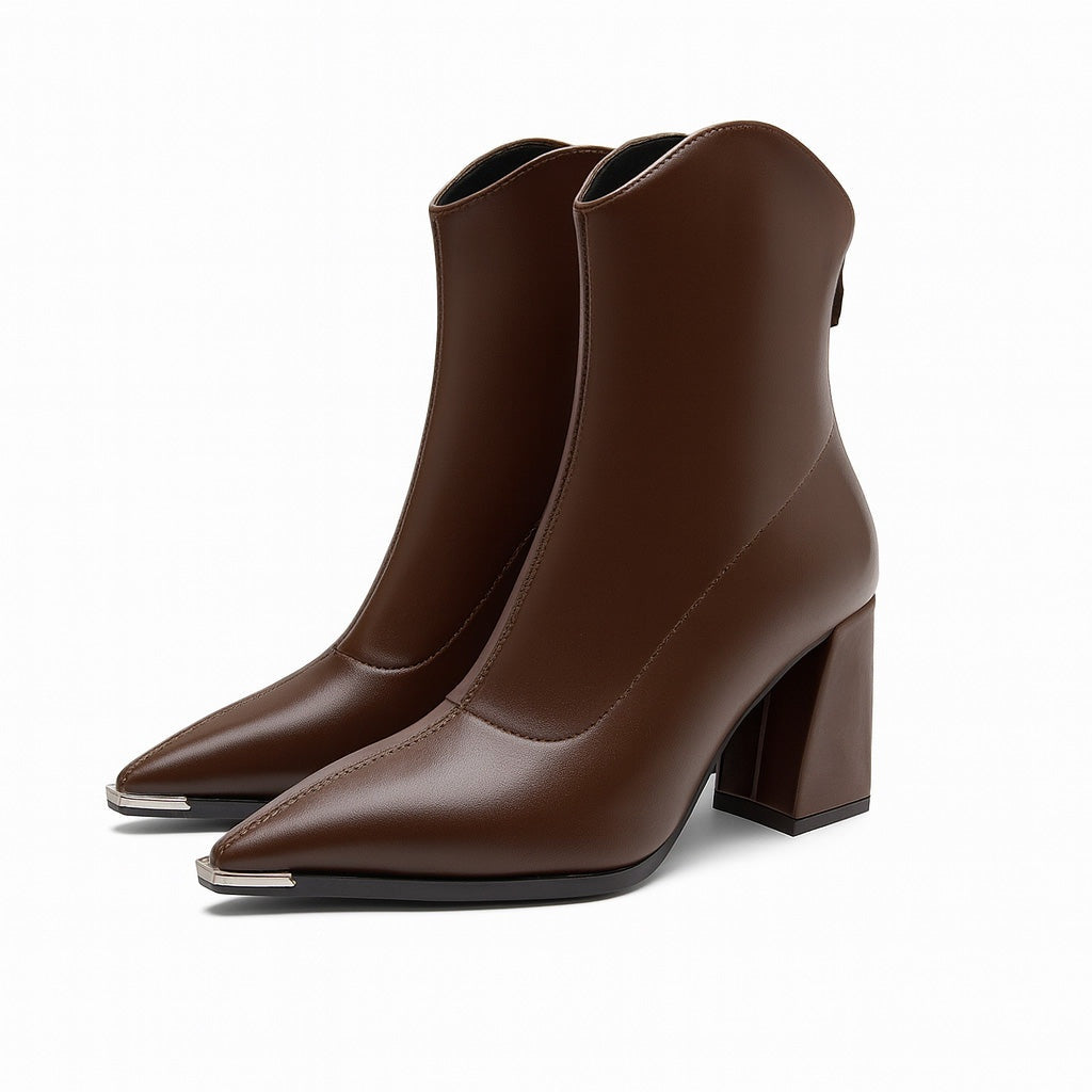Gabrielle | Boots Cuir Femme Talon Bloc Bout Pointu Métal