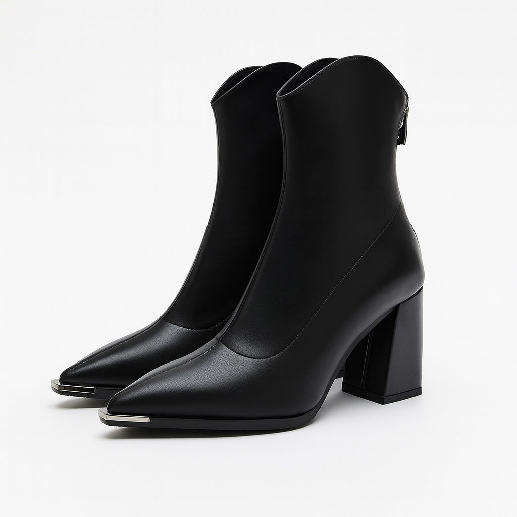 Gabrielle | Boots Cuir Femme Talon Bloc Bout Pointu Métal