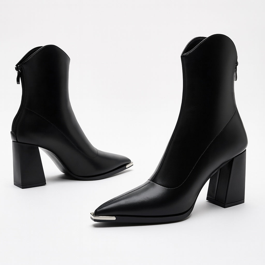 Gabrielle | Boots Cuir Femme Talon Bloc Bout Pointu Métal