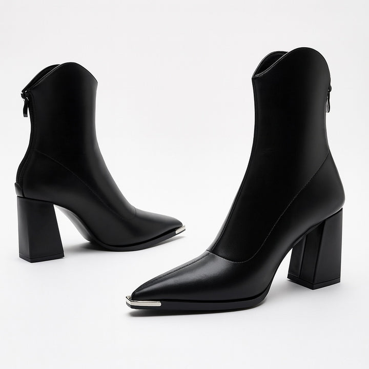 Gabrielle | Boots Cuir Femme Talon Bloc Bout Pointu Métal