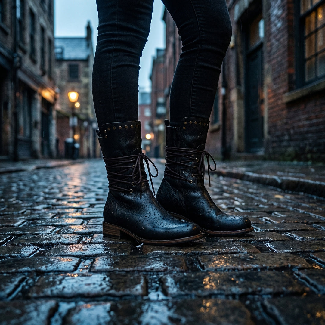 Gabrielle | Bottines Cuir Femme à Lacets Clous Talon Bloc