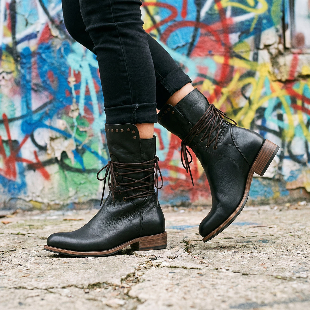 Gabrielle | Bottines Cuir Femme à Lacets Clous Talon Bloc
