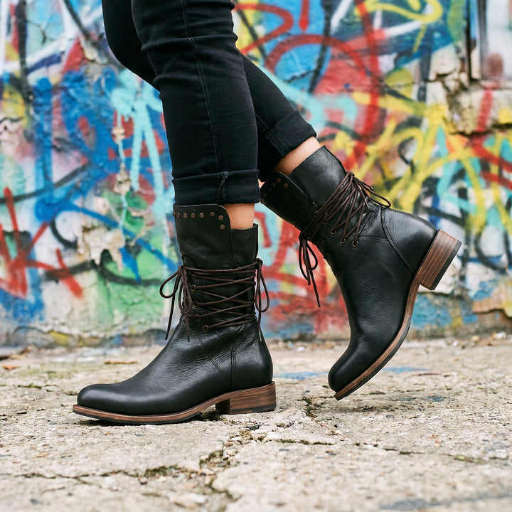 Gabrielle | Bottines Cuir Femme à Lacets Clous Talon Bloc