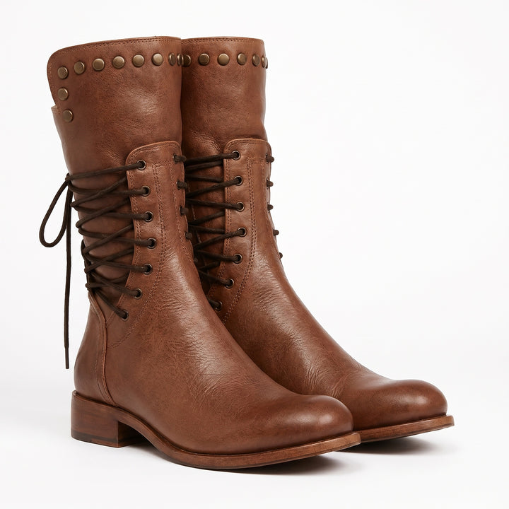 Gabrielle | Bottines Cuir Femme à Lacets Clous Talon Bloc