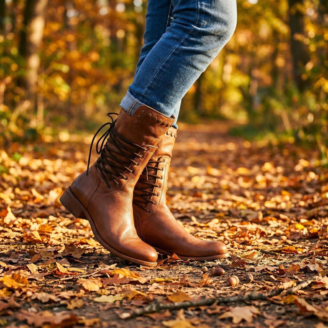 Gabrielle | Bottines Cuir Femme à Lacets Clous Talon Bloc