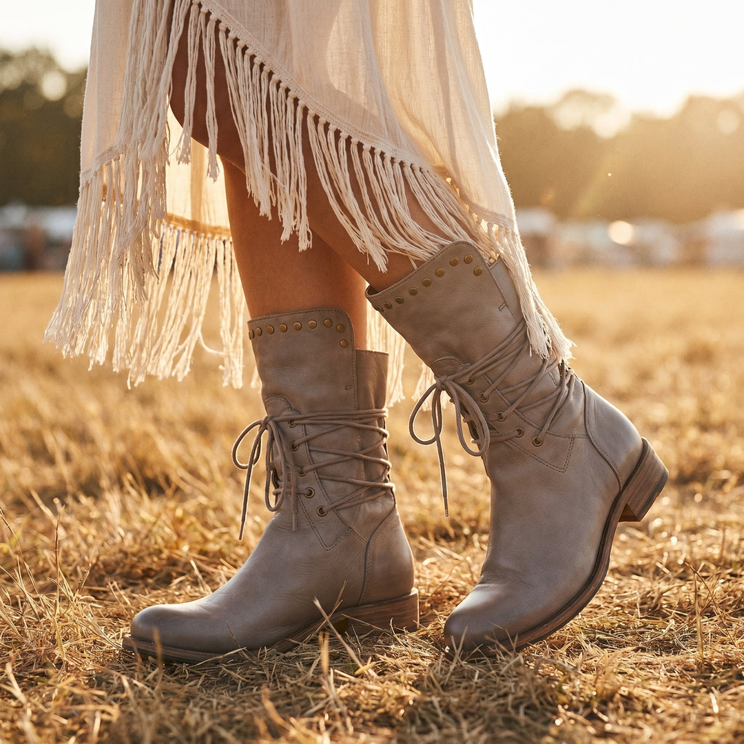 Gabrielle | Bottines Cuir Femme à Lacets Clous Talon Bloc