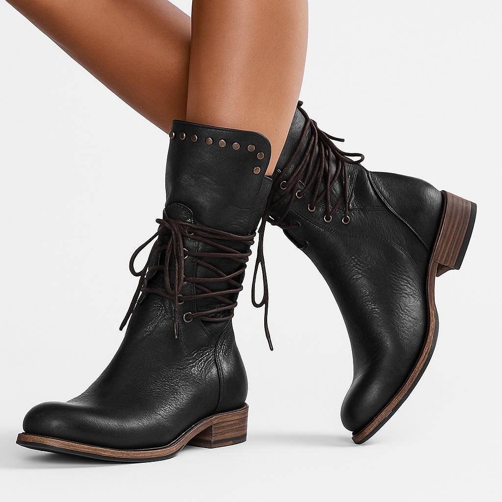 Gabrielle | Bottines Cuir Femme à Lacets Clous Talon Bloc