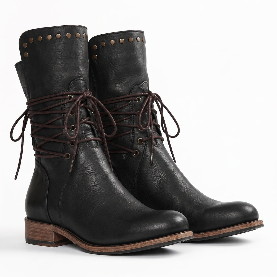 Gabrielle | Bottines Cuir Femme à Lacets Clous Talon Bloc