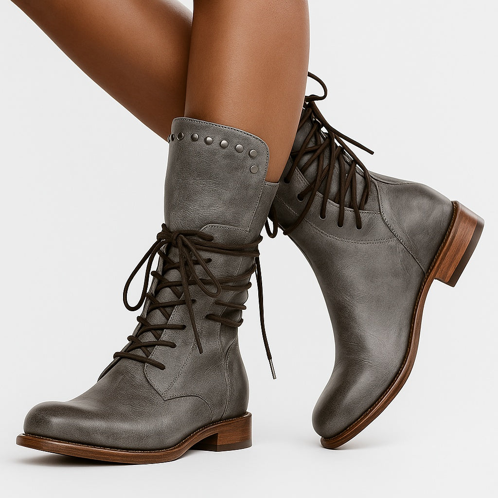 Gabrielle | Bottines Cuir Femme à Lacets Clous Talon Bloc