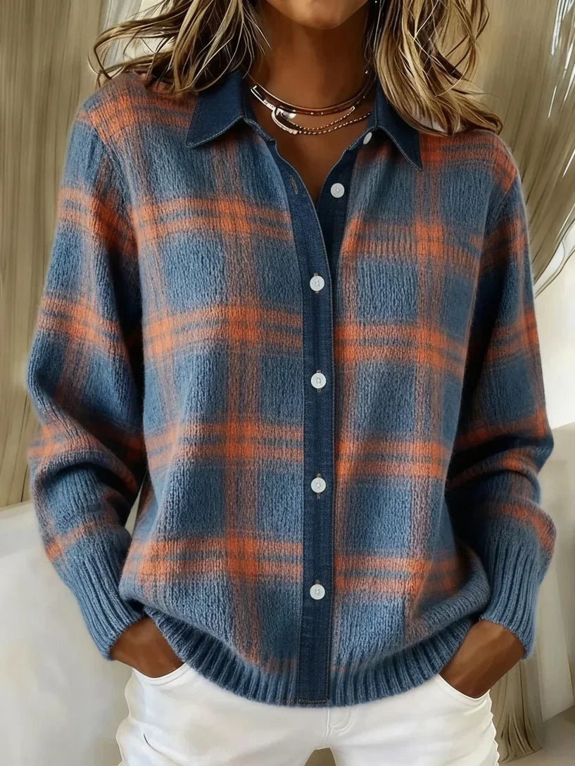 Garance | Cardigan Long Femme en Maille à Carreaux Boutonné Manches Longues