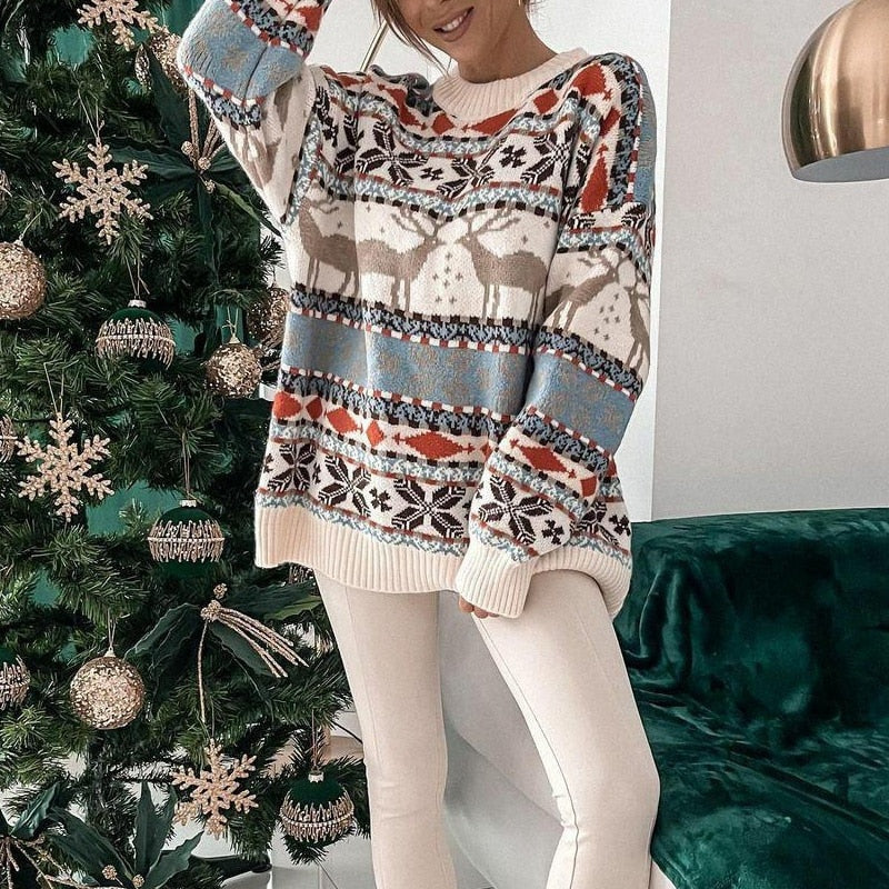 Garance | Pull de Noël Jacquard Femme Oversize Motif Renne
