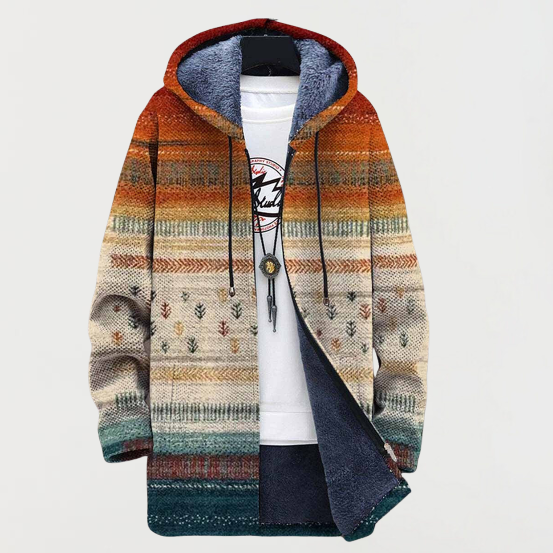 Hugo | Manteau Long à Capuche Fourrure Homme Imprimé Ethnique