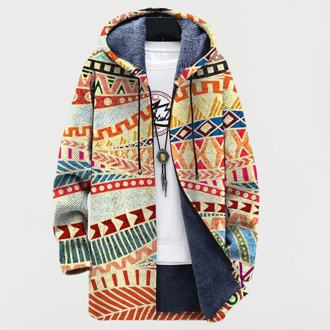 Hugo | Manteau Long à Capuche Fourrure Homme Imprimé Ethnique
