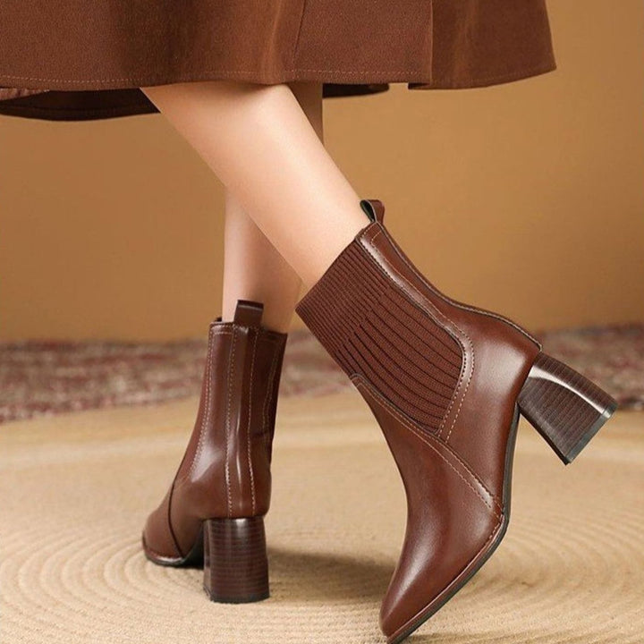 Inès | Boots Cuir Femme Talon Bloc Empiècement Tricot