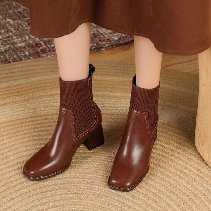 Inès | Boots Cuir Femme Talon Bloc Empiècement Tricot