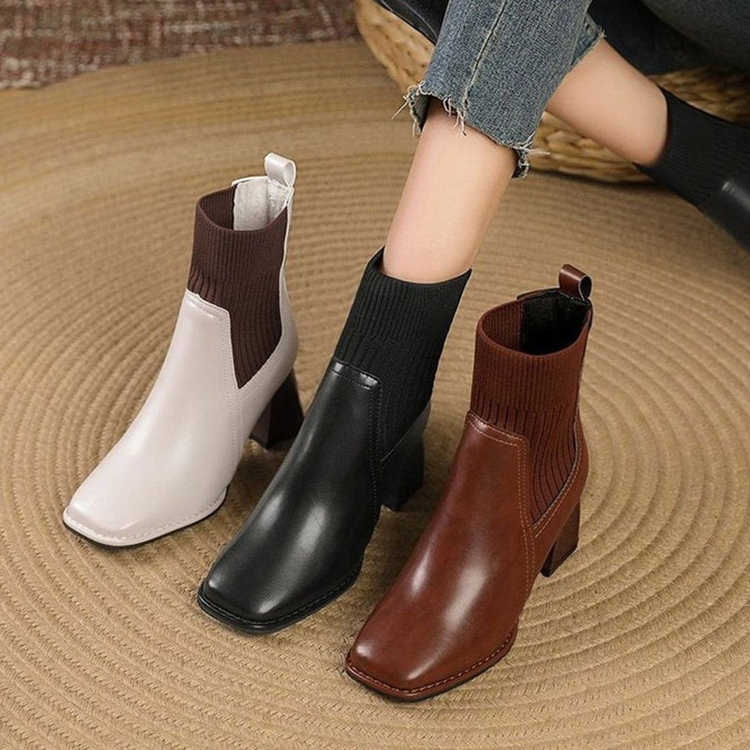 Inès | Boots Cuir Femme Talon Bloc Empiècement Tricot