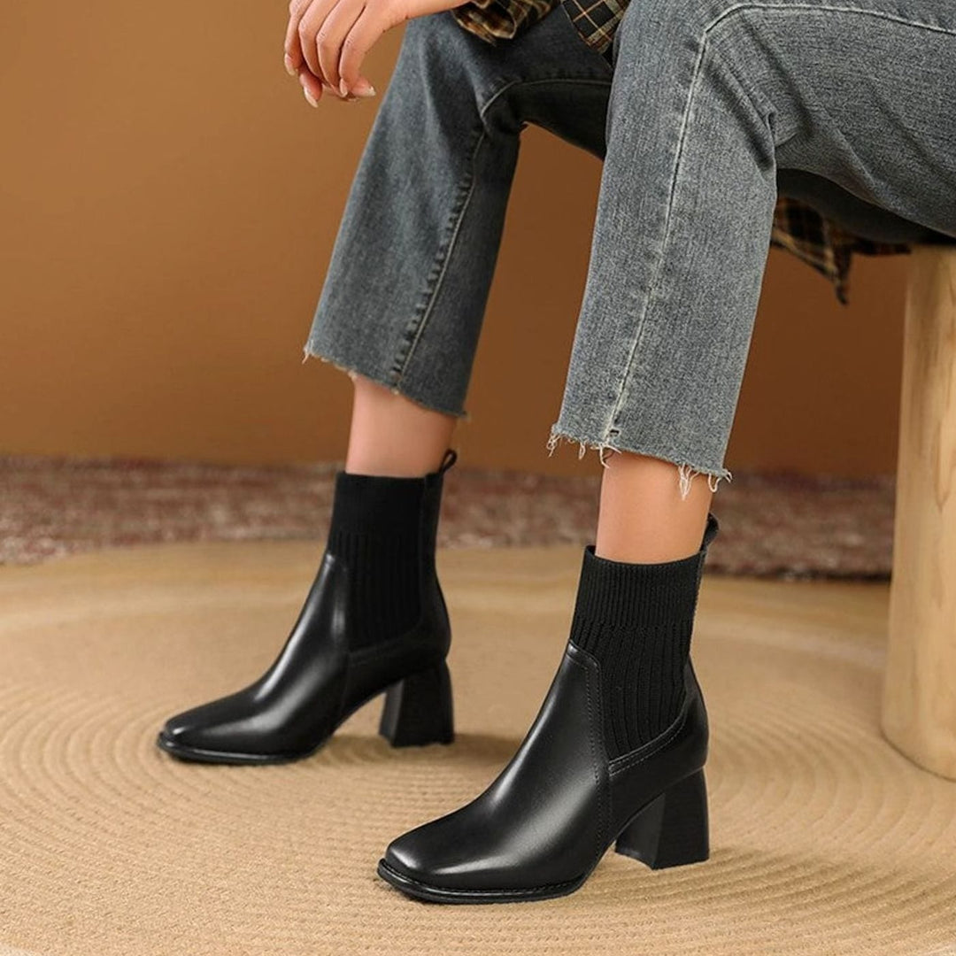 Inès | Boots Cuir Femme Talon Bloc Empiècement Tricot