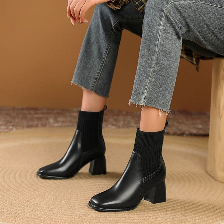 Inès | Boots Cuir Femme Talon Bloc Empiècement Tricot