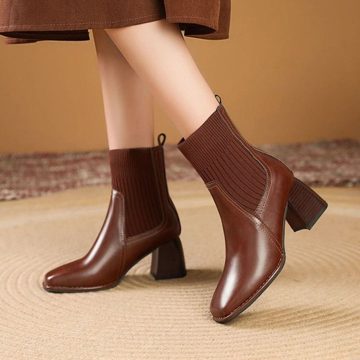 Inès | Boots Cuir Femme Talon Bloc Empiècement Tricot