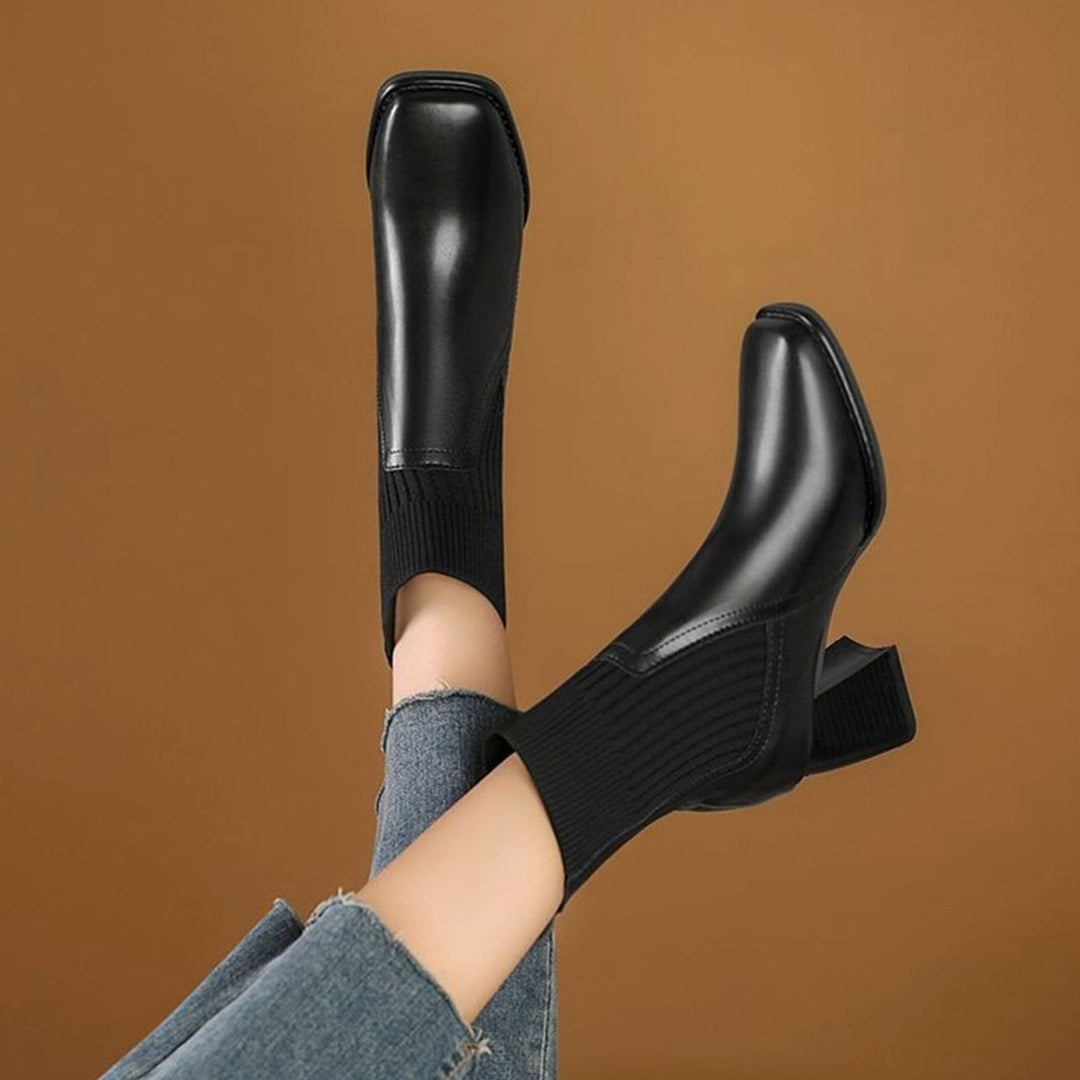 Inès | Boots Cuir Femme Talon Bloc Empiècement Tricot