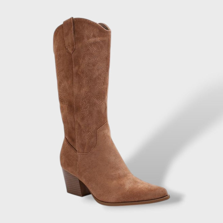 Inès | Bottes Western Femme Suède Talon Large Tige Haute