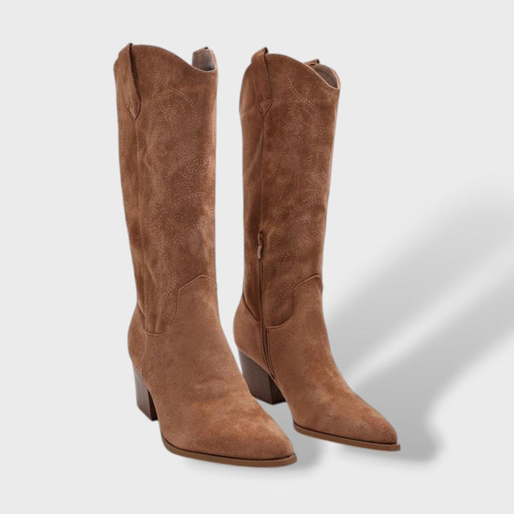 Inès | Bottes Western Femme Suède Talon Large Tige Haute