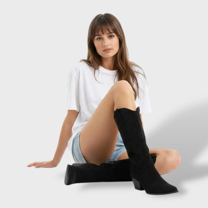 Inès | Bottes Western Femme Suède Talon Large Tige Haute