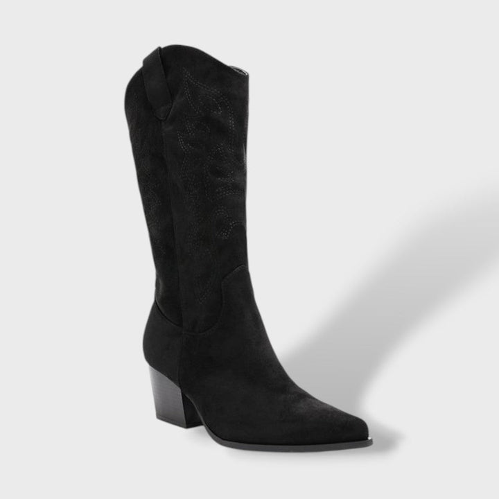 Inès | Bottes Western Femme Suède Talon Large Tige Haute